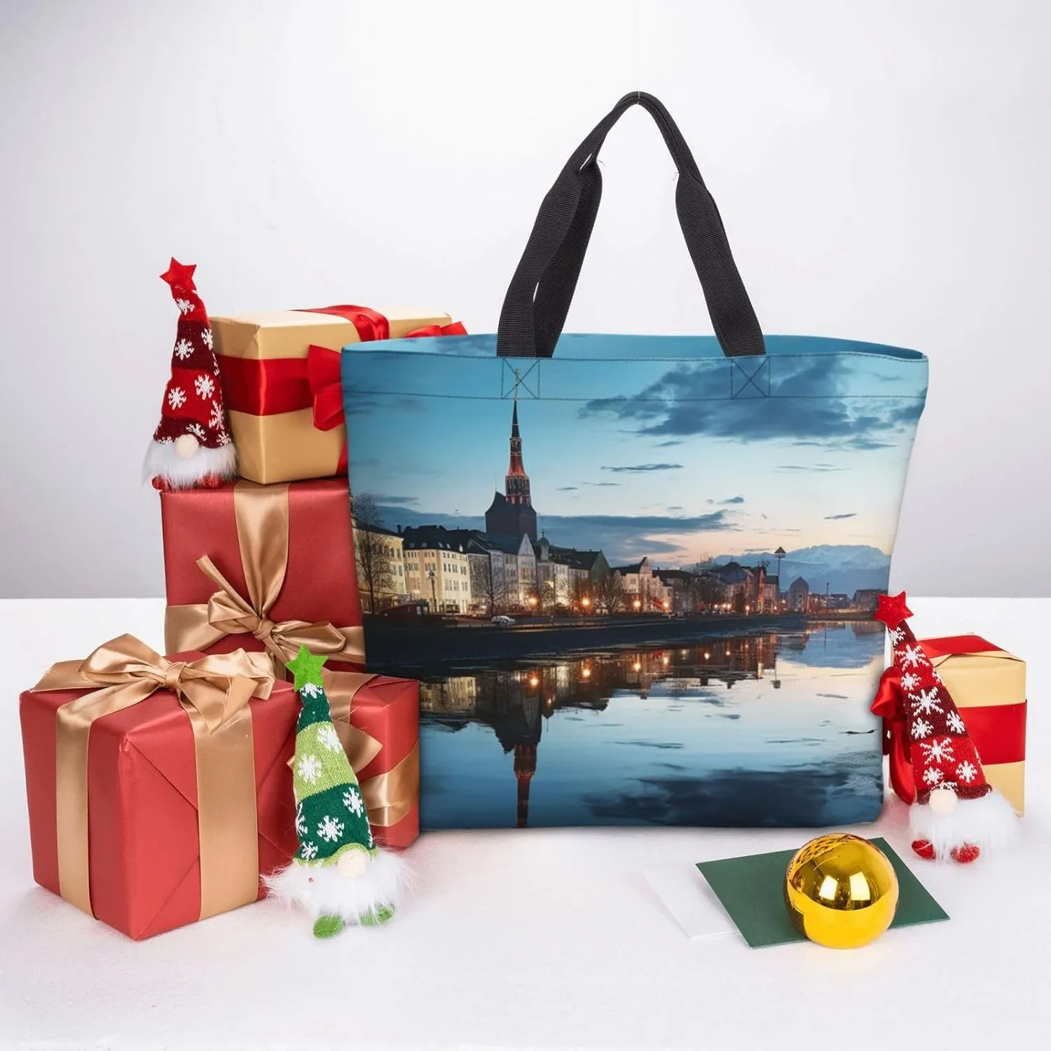 Tote Bag for Women City Scenery Shoulder Bag with Zipper Handbag Large Capacity Reusable Grocery Bag