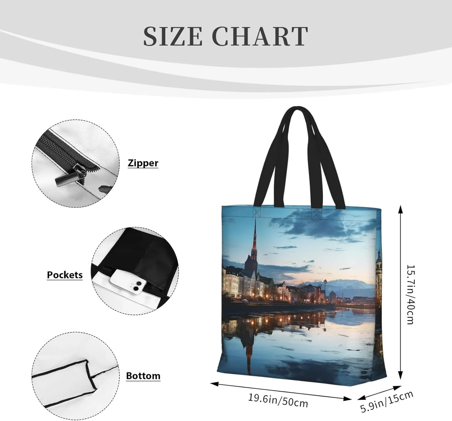 Tote Bag for Women City Scenery Shoulder Bag with Zipper Handbag Large Capacity Reusable Grocery Bag
