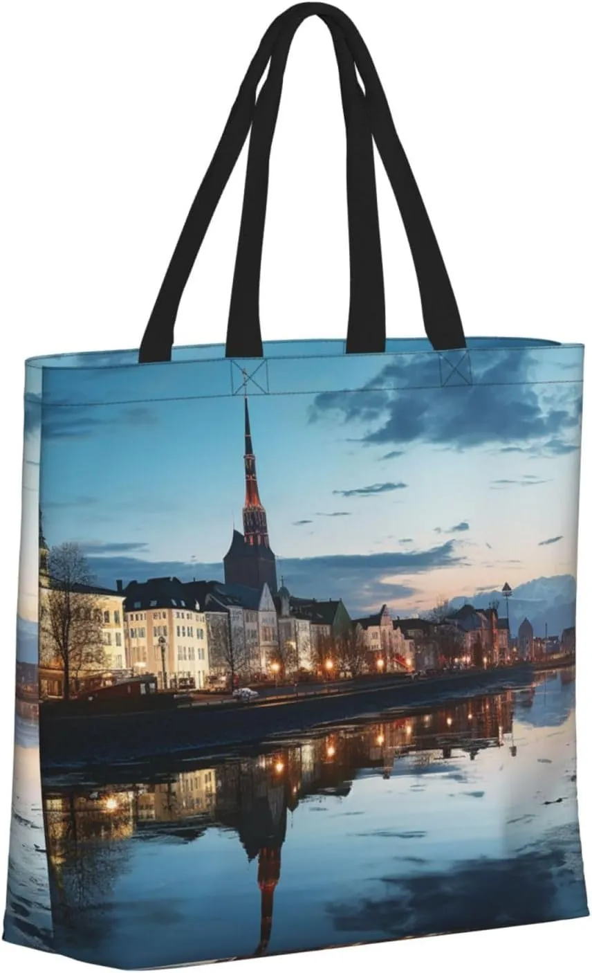 Tote Bag for Women City Scenery Shoulder Bag with Zipper Handbag Large Capacity Reusable Grocery Bag