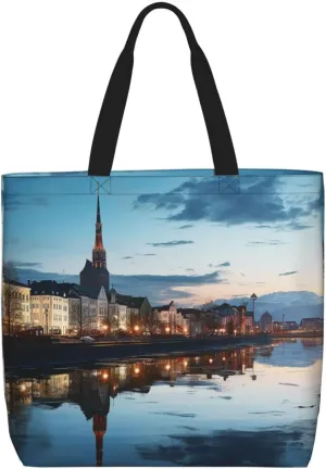 Tote Bag for Women City Scenery Shoulder Bag with Zipper Handbag Large Capacity Reusable Grocery Bag