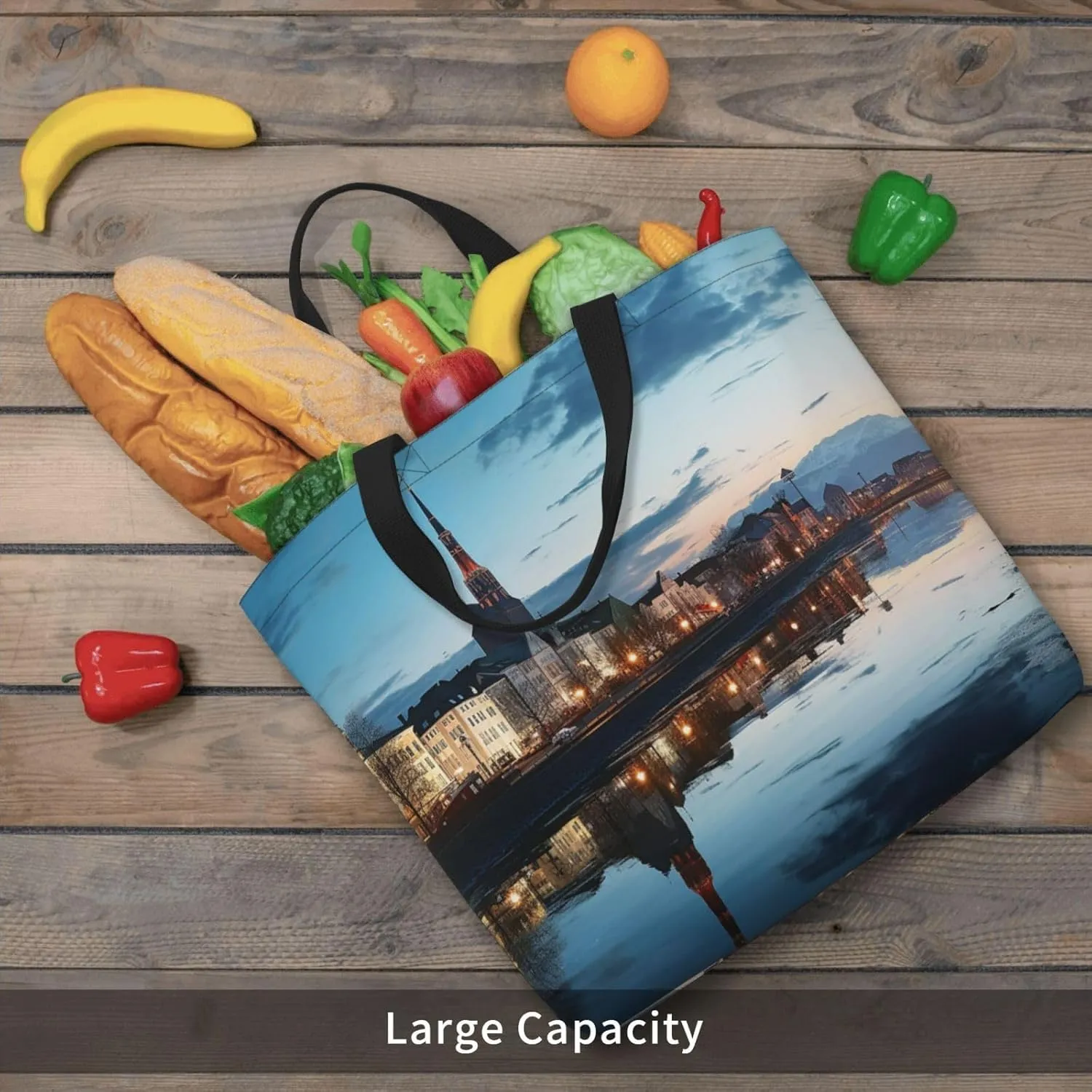 Tote Bag for Women City Scenery Shoulder Bag with Zipper Handbag Large Capacity Reusable Grocery Bag