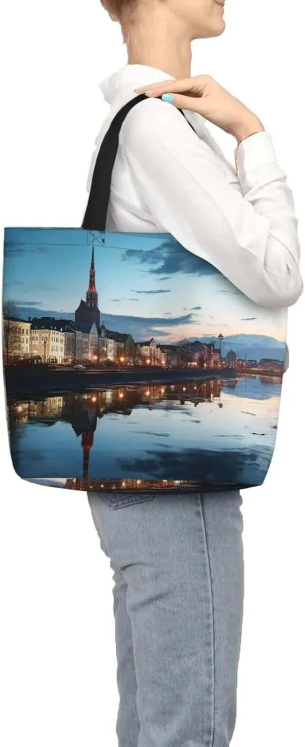 Tote Bag for Women City Scenery Shoulder Bag with Zipper Handbag Large Capacity Reusable Grocery Bag