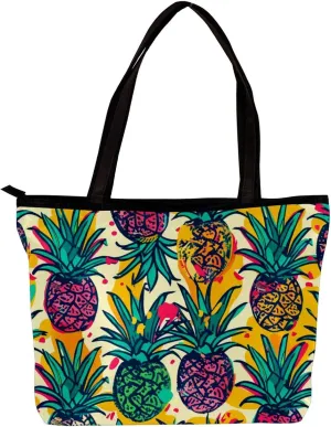 Tote Bag for Women, Large Tote Bag, Tote Bag with Zipper, Tropical Pineapple Plam Leaves, Womens Tote Bags for Work