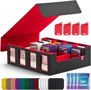 Trading Card Storage Box with Commander Display; 2400  Deck Box for MTG with Removable Cover; Toploader Card Case fits Magic TCG PTCG Sports Cards; 24 Dividers, 4 Stoppers (Black, Red)