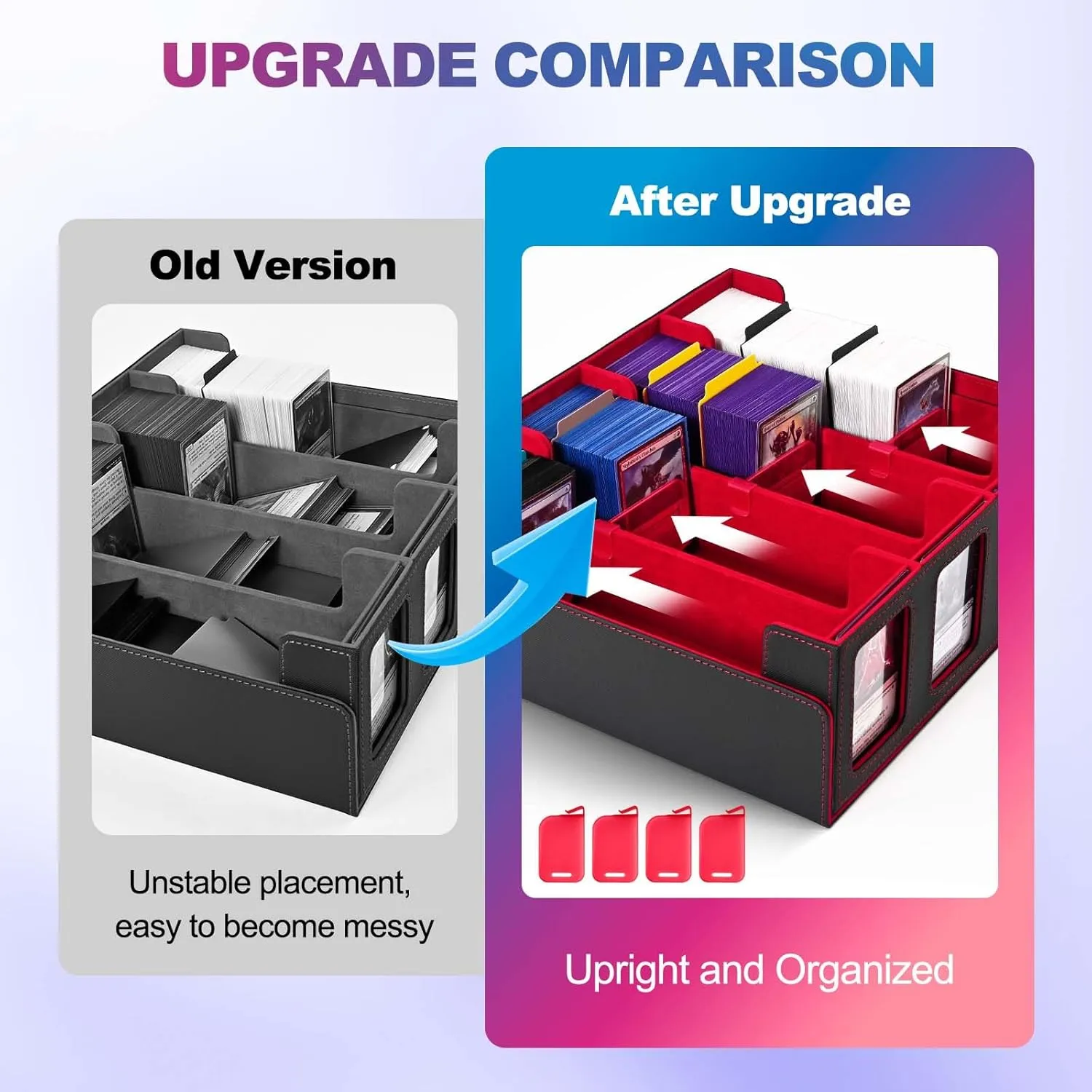 Trading Card Storage Box with Commander Display; 2400  Deck Box for MTG with Removable Cover; Toploader Card Case fits Magic TCG PTCG Sports Cards; 24 Dividers, 4 Stoppers (Black, Red)