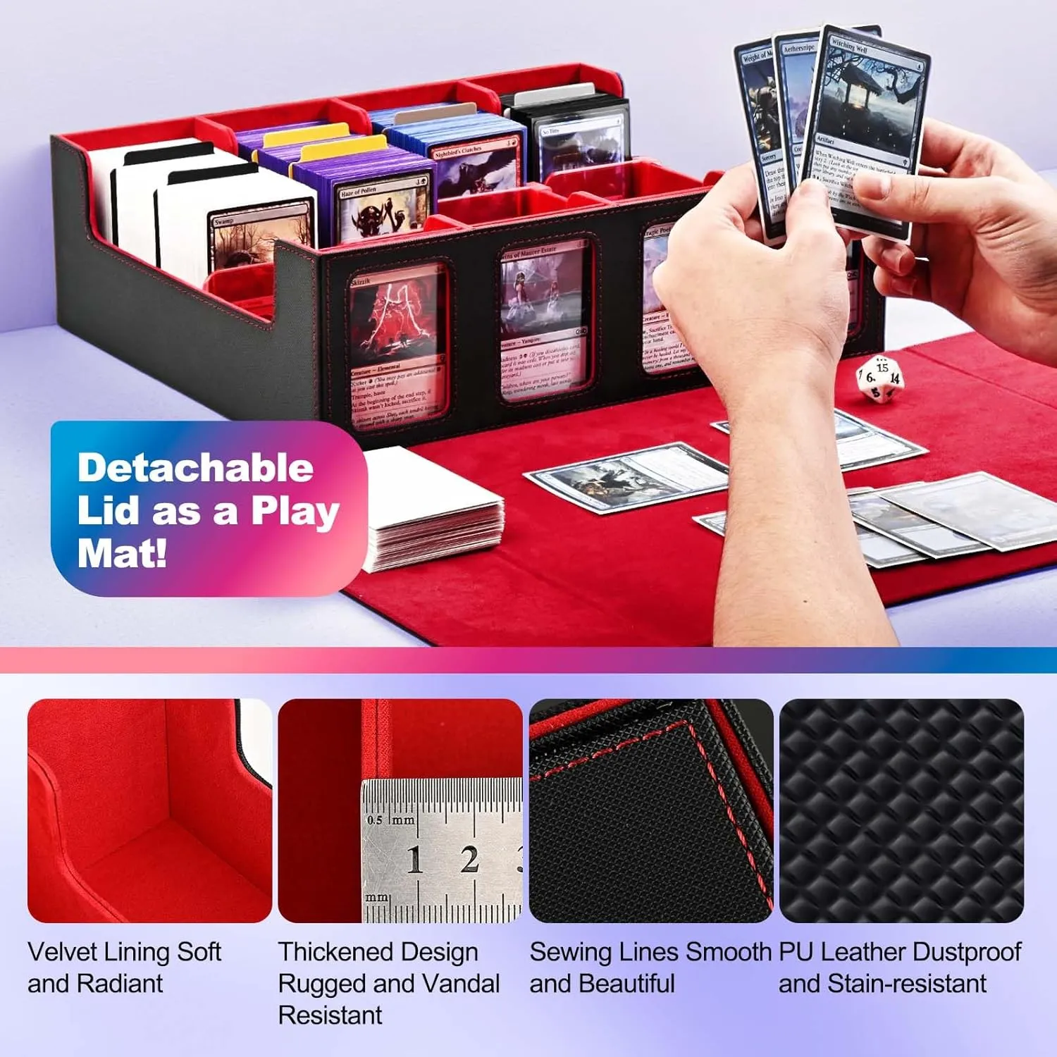 Trading Card Storage Box with Commander Display; 2400  Deck Box for MTG with Removable Cover; Toploader Card Case fits Magic TCG PTCG Sports Cards; 24 Dividers, 4 Stoppers (Black, Red)