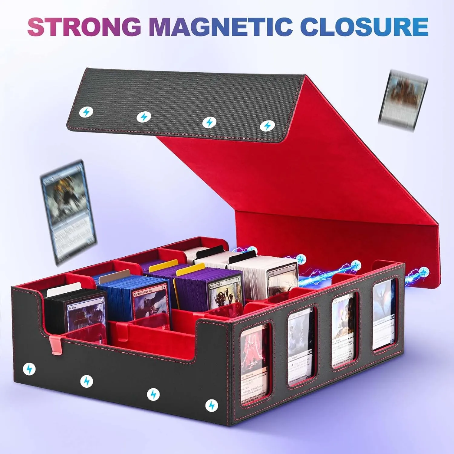Trading Card Storage Box with Commander Display; 2400  Deck Box for MTG with Removable Cover; Toploader Card Case fits Magic TCG PTCG Sports Cards; 24 Dividers, 4 Stoppers (Black, Red)