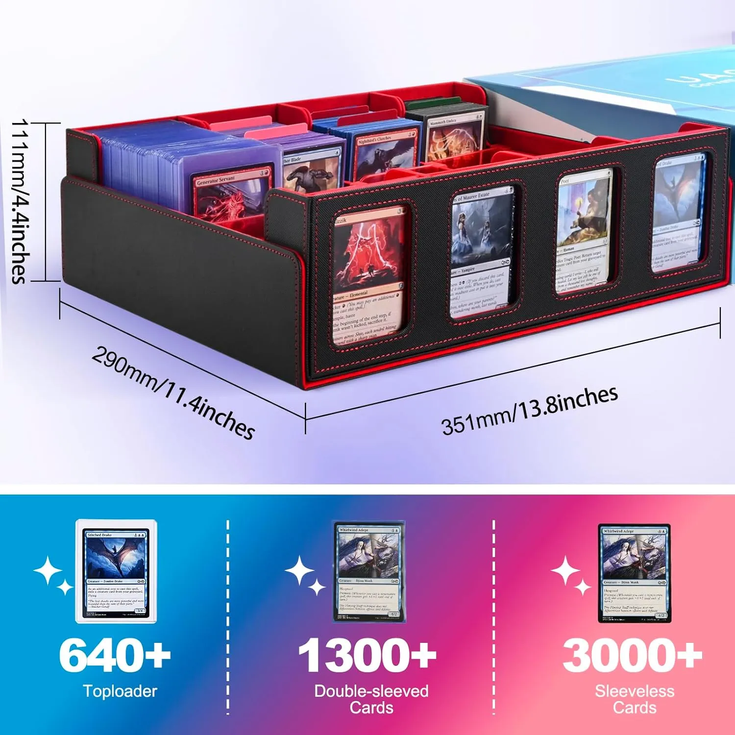 Trading Card Storage Box with Commander Display; 2400  Deck Box for MTG with Removable Cover; Toploader Card Case fits Magic TCG PTCG Sports Cards; 24 Dividers, 4 Stoppers (Black, Red)