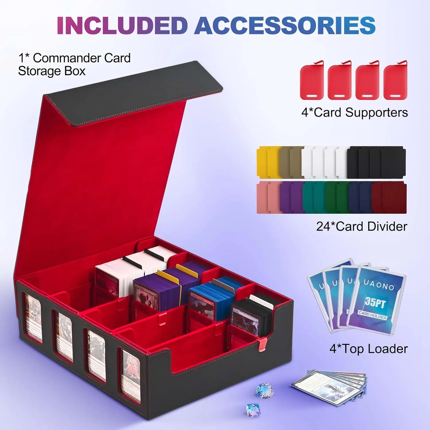 Trading Card Storage Box with Commander Display; 2400  Deck Box for MTG with Removable Cover; Toploader Card Case fits Magic TCG PTCG Sports Cards; 24 Dividers, 4 Stoppers (Black, Red)