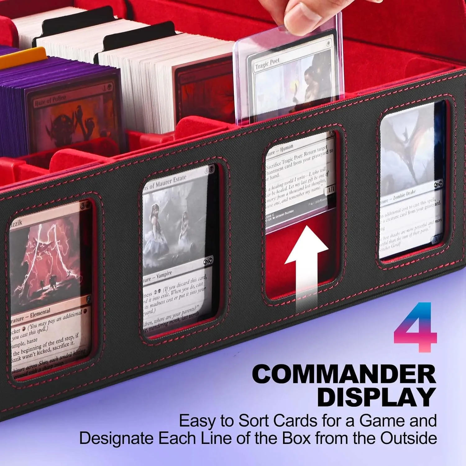 Trading Card Storage Box with Commander Display; 2400  Deck Box for MTG with Removable Cover; Toploader Card Case fits Magic TCG PTCG Sports Cards; 24 Dividers, 4 Stoppers (Black, Red)