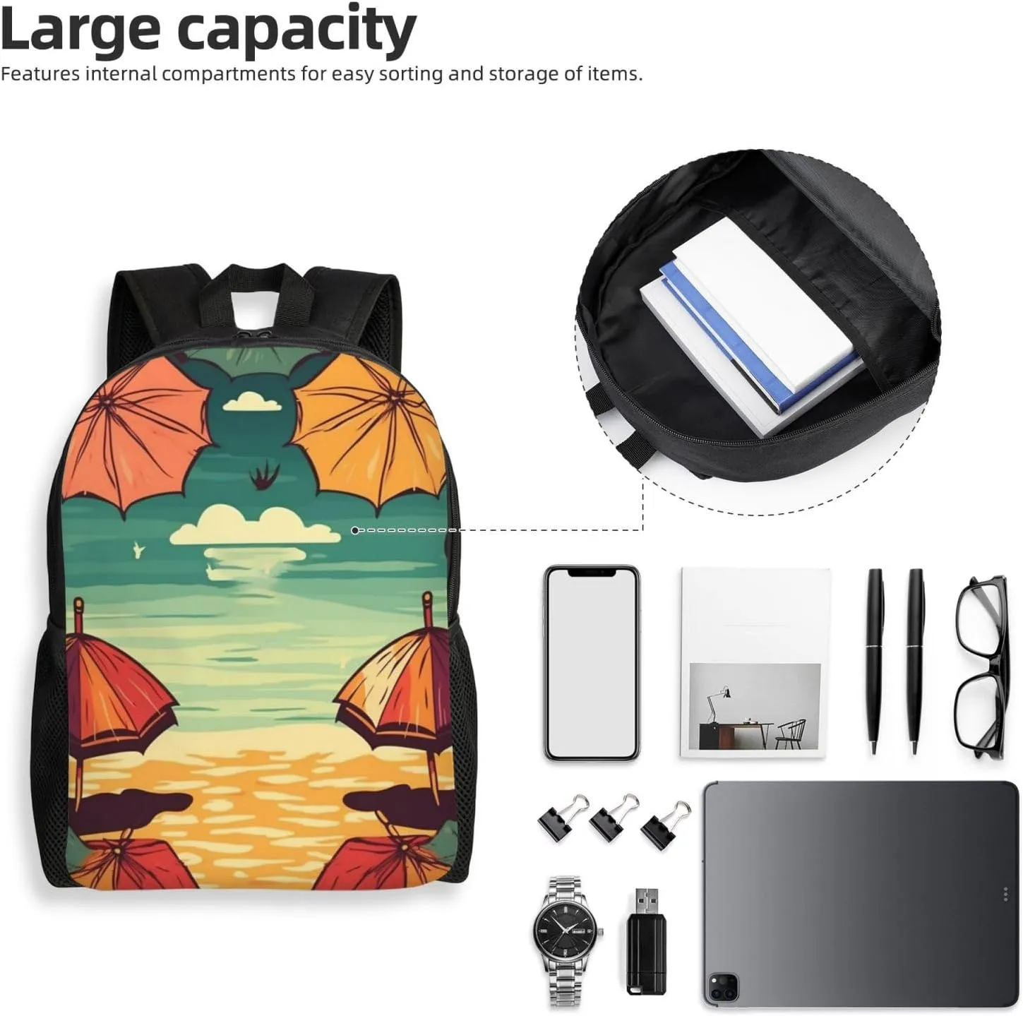 Travel Backpack for Women Men Carry On Backpack Waterproof 15.6inch Laptop Backpack Umbrellas on the beach