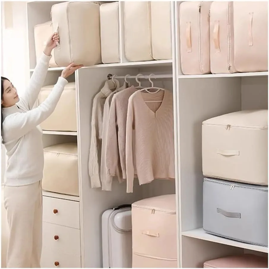 Travel Storage Bag Portable Compression Duvet Storage Bag Large Capacity Closet Quilt Organizer Cabinet Pillow Blanket Organizer(30x40x18cm-Apricot,2PCS)
