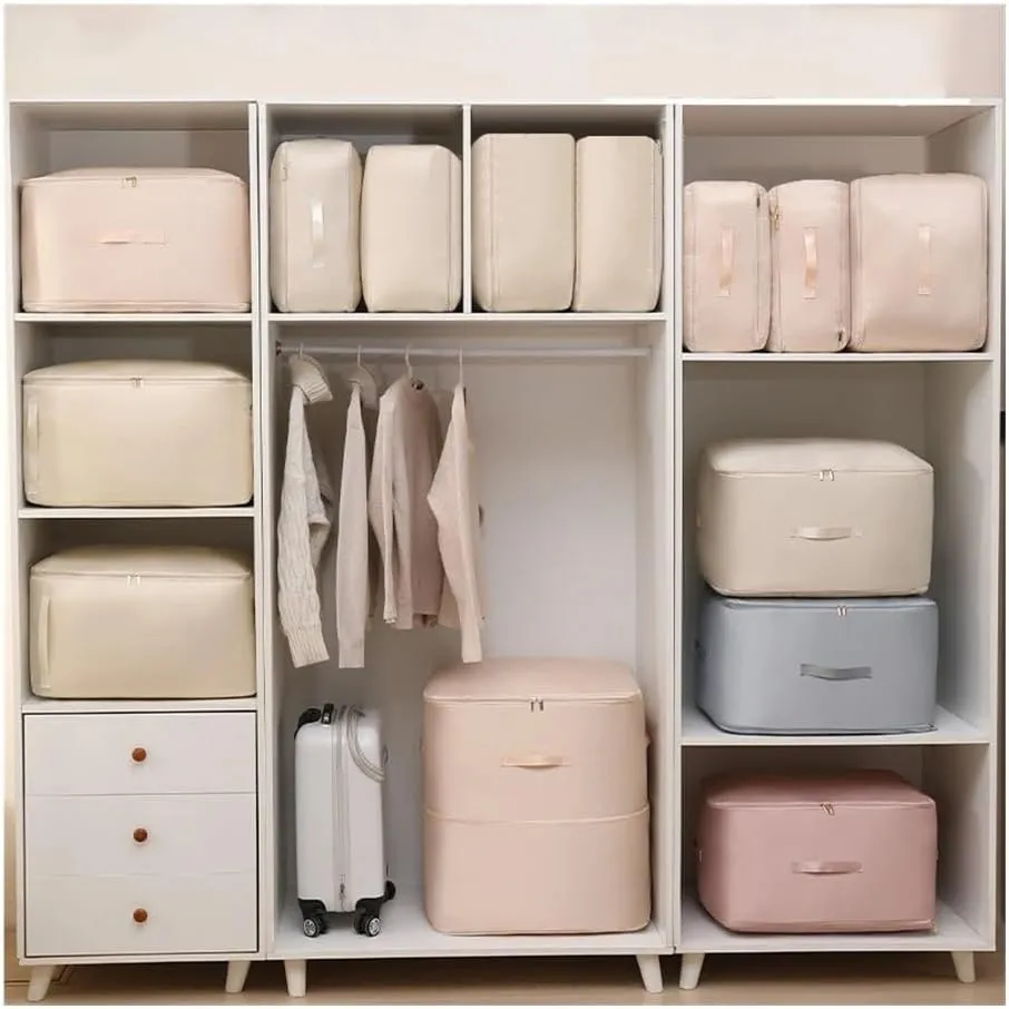 Travel Storage Bag Portable Compression Duvet Storage Bag Large Capacity Closet Quilt Organizer Cabinet Pillow Blanket Organizer(30x40x18cm-Apricot,2PCS)