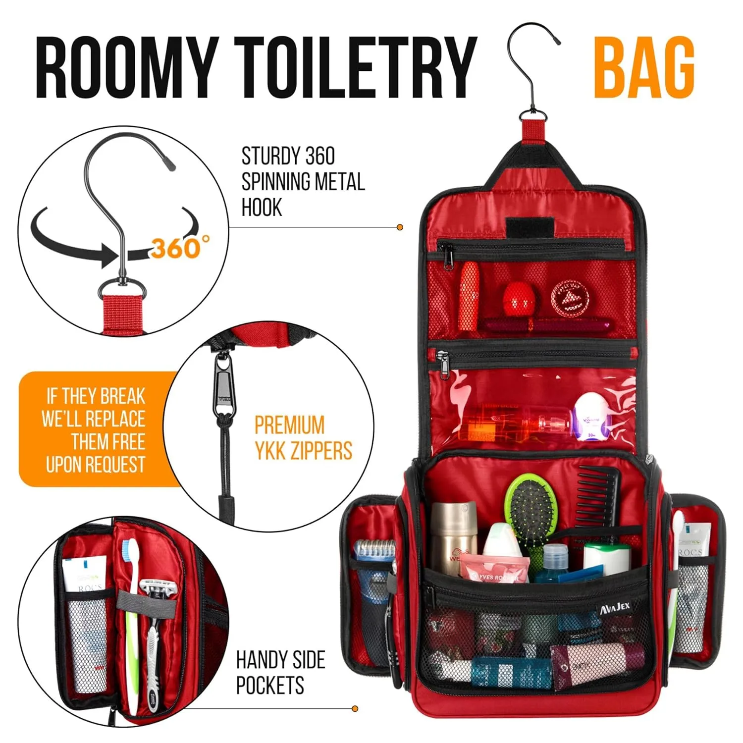Travel Toiletry Bag for Men and Women - Large Hanging Toiletry Organizer - Waterproof Hygiene Bag with Metal XXL Swivel Hook, with YKK Zippers and 19 Compartments for Toiletries, Makeup, Cosmetics