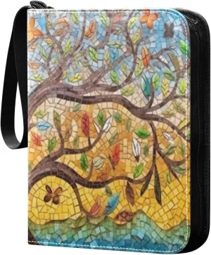 Tree Painting Card Binder 4-Pocket, 400 Pockets PU Waterproof Zippered Collector Card Album with 50 Removable Sleeves for Trading, Game Cards