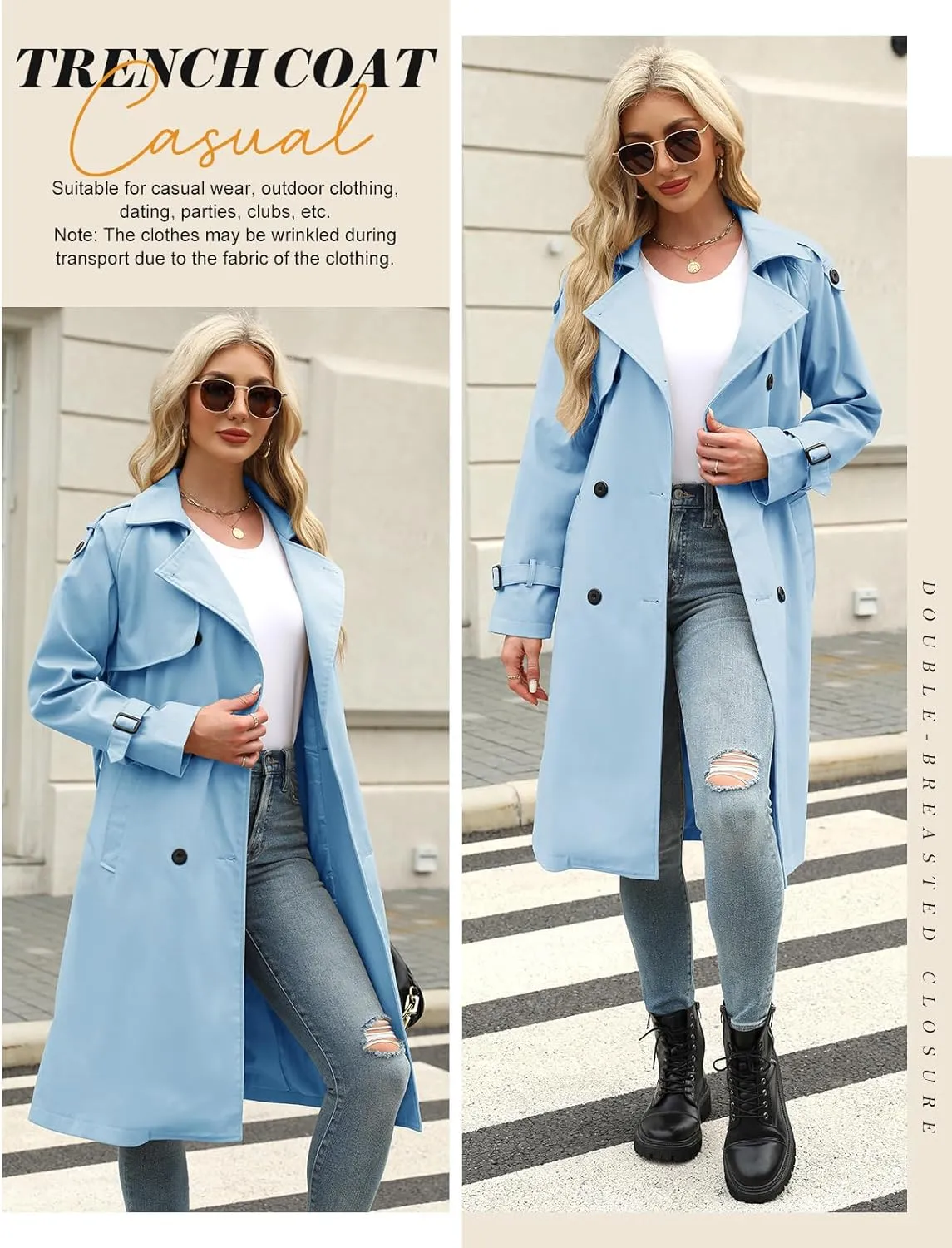 Trench Coat Women Double Breasted Windproof Classic Lapel Belted Long Outerwear Overcoat with Belt