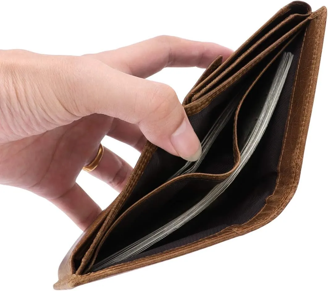 Trifold Billfold RFID Blocking Cowhide Leather Wallet for Men 10 Card Slots 2 ID Windows with Coin Pocket