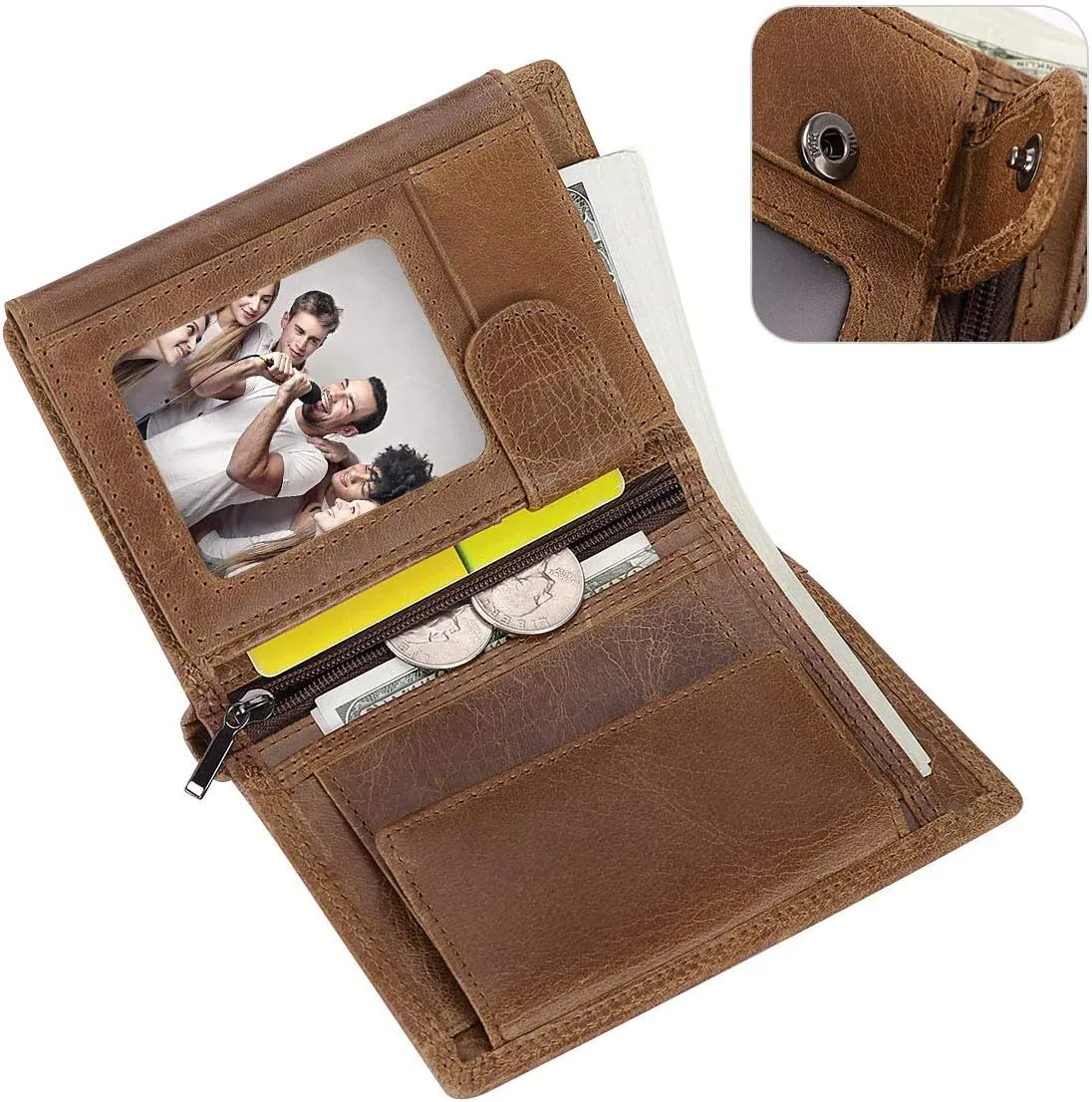 Trifold Billfold RFID Blocking Cowhide Leather Wallet for Men 10 Card Slots 2 ID Windows with Coin Pocket