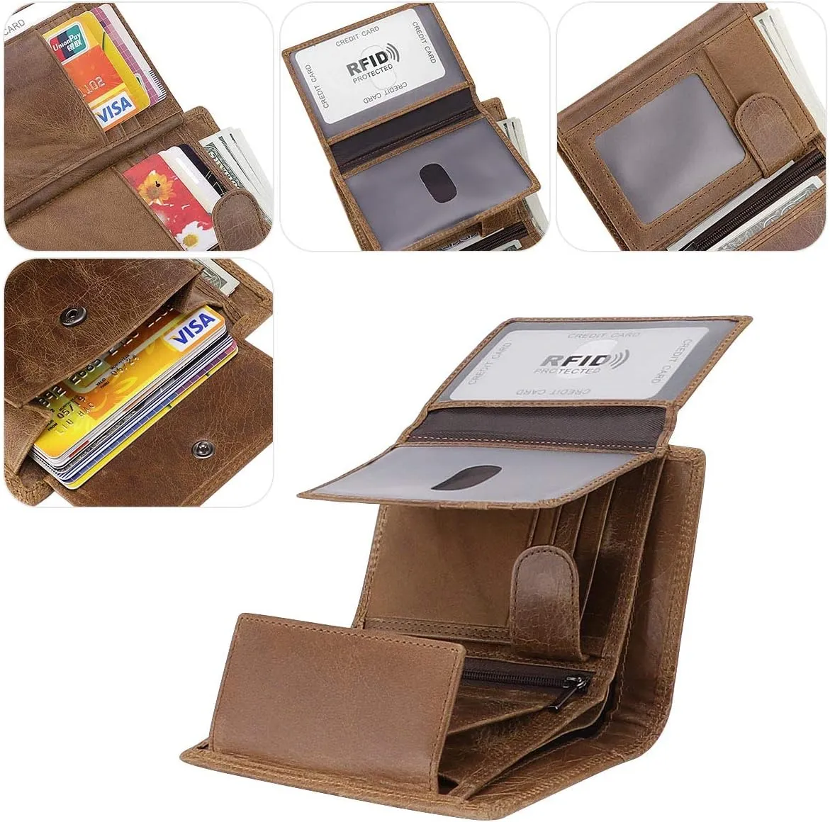 Trifold Billfold RFID Blocking Cowhide Leather Wallet for Men 10 Card Slots 2 ID Windows with Coin Pocket