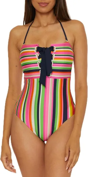 Trina Turk Women's Anniversary Stripe Bandeau One Piece Swimsuit, Adjustable, Bathing Suits