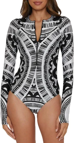 Trina Turk Women's Hula One Piece Swimsuit, Long Seelve, Zip-up, Abstract Print, Bathing Suits