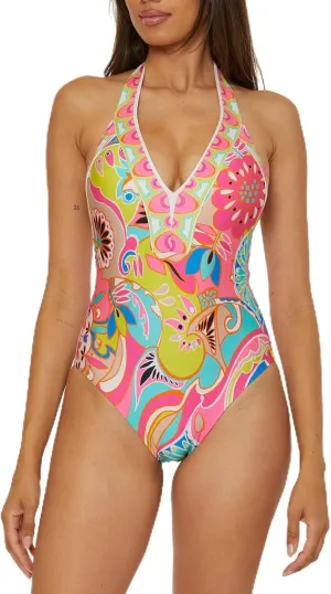 Trina Turk Women's Meilani One Piece Swimsuit, Plunge Neck, Floral Print, Bathing Suits