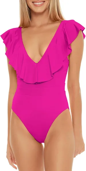 Trina Turk Women's Monaco Ruffle One Piece Swimsuit, Adjustable, Bathing Suits