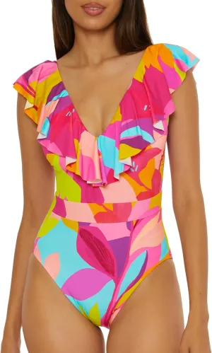 Trina Turk Women's Monaco Ruffle One Piece Swimsuit, Adjustable, Bathing Suits