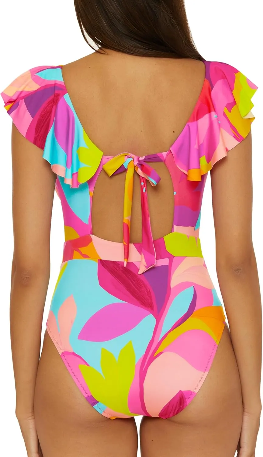 Trina Turk Women's Monaco Ruffle One Piece Swimsuit, Adjustable, Bathing Suits