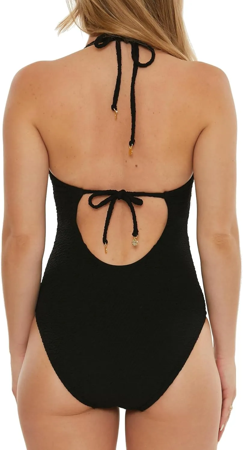 Trina Turk Women's Standard Black Sands Maillot One Piece Swimsuit, Plunge Neck, Bathing Suits