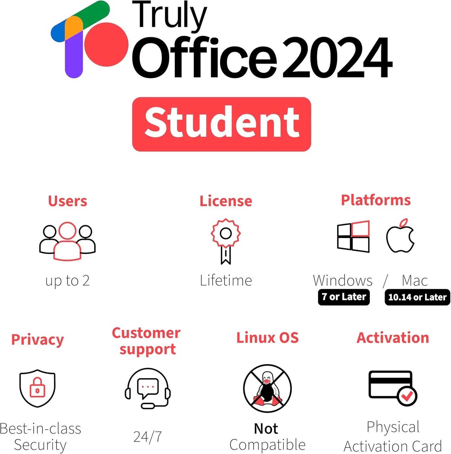 TrulyOffice 2024 Student Lifetime License for Windows | 3 in 1 All Access TrulyOffice Suite | Words, Sheets, Slides | 2 Users | Physical Activation Card