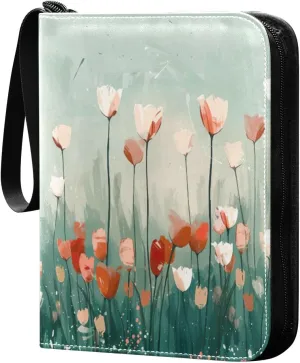 Tulip Oil Painting Card Binder with 50 Removable Page Sleeves PU Leather Collectible Trading Card Albums Book with Zipper for Games Card,Baseball Cards