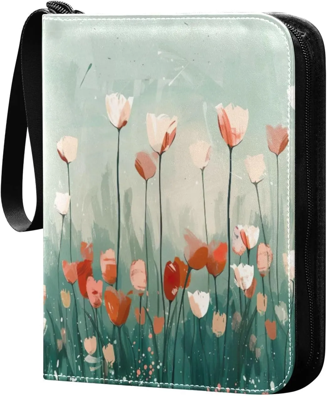 Tulip Oil Painting Card Binder with 50 Removable Page Sleeves PU Leather Collectible Trading Card Albums Book with Zipper for Games Card,Baseball Cards