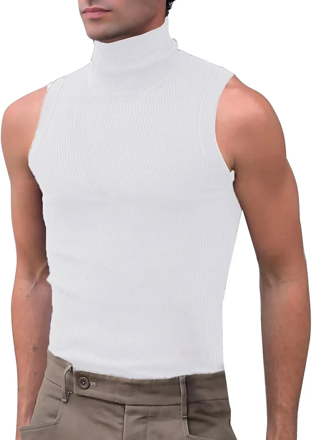 Turtleneck Men Sleeveless Crew Neck Knit Oversized Funny Tops Big and Tall Fashion Summer Compression Fit Trendy Tanktops
