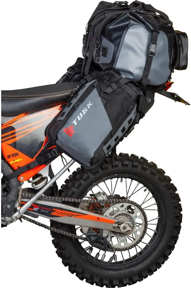 TUSK Highland X2 Rackless Luggage System w/Medium Dry Duffel Tail Bag Standard Heat Shield Black/Tan