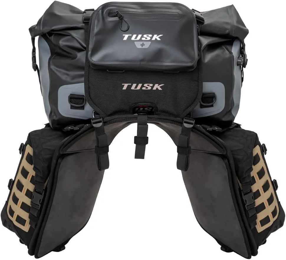 TUSK Highland X2 Rackless Luggage System w/Medium Dry Duffel Tail Bag Standard Heat Shield Black/Tan