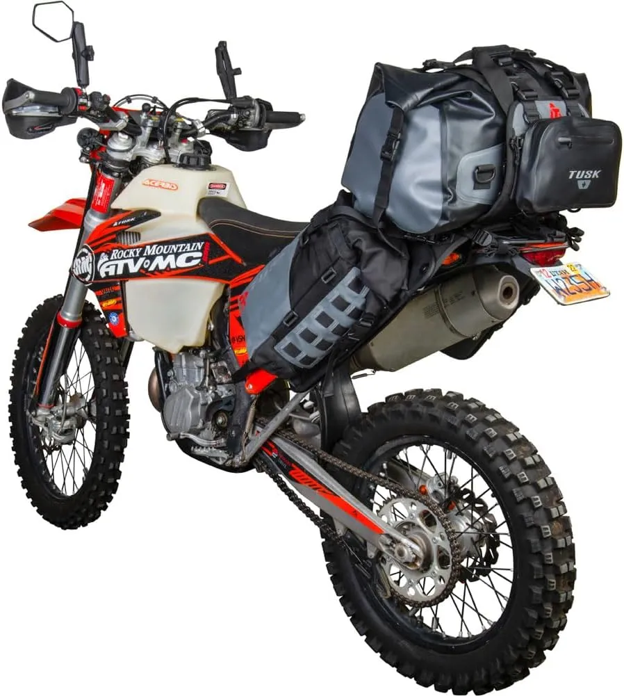 TUSK Highland X2 Rackless Luggage System w/Medium Dry Duffel Tail Bag Standard Heat Shield Black/Tan