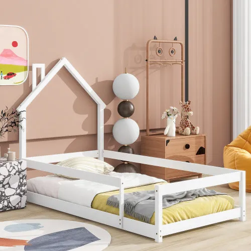 Twin Size Wood Bed With House-shaped Headboard Floor Bed With