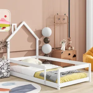 Twin Size Wood Bed With House-shaped Headboard Floor Bed With