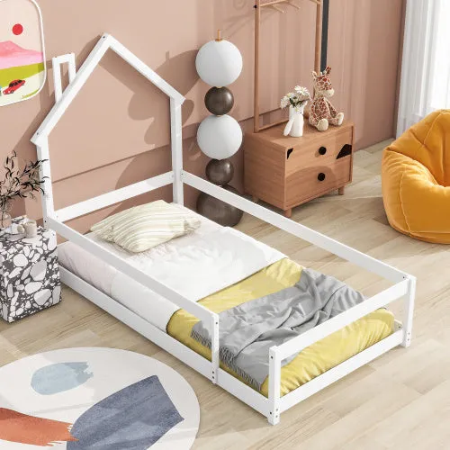 Twin Size Wood Bed With House-shaped Headboard Floor Bed With