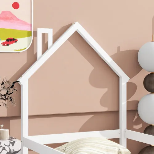 Twin Size Wood Bed With House-shaped Headboard Floor Bed With