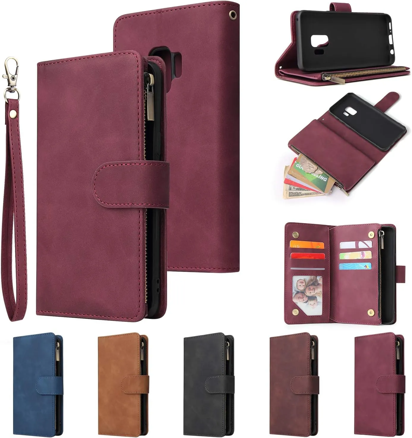 UEEBAI Wallet Case for Samsung Galaxy S9, PU Leather Wallet Magnetic Closure Handbag Zipper Pocket Cover Kickstand Card Slots with Hand Strap Marple Flip Case for Women - Wine Red