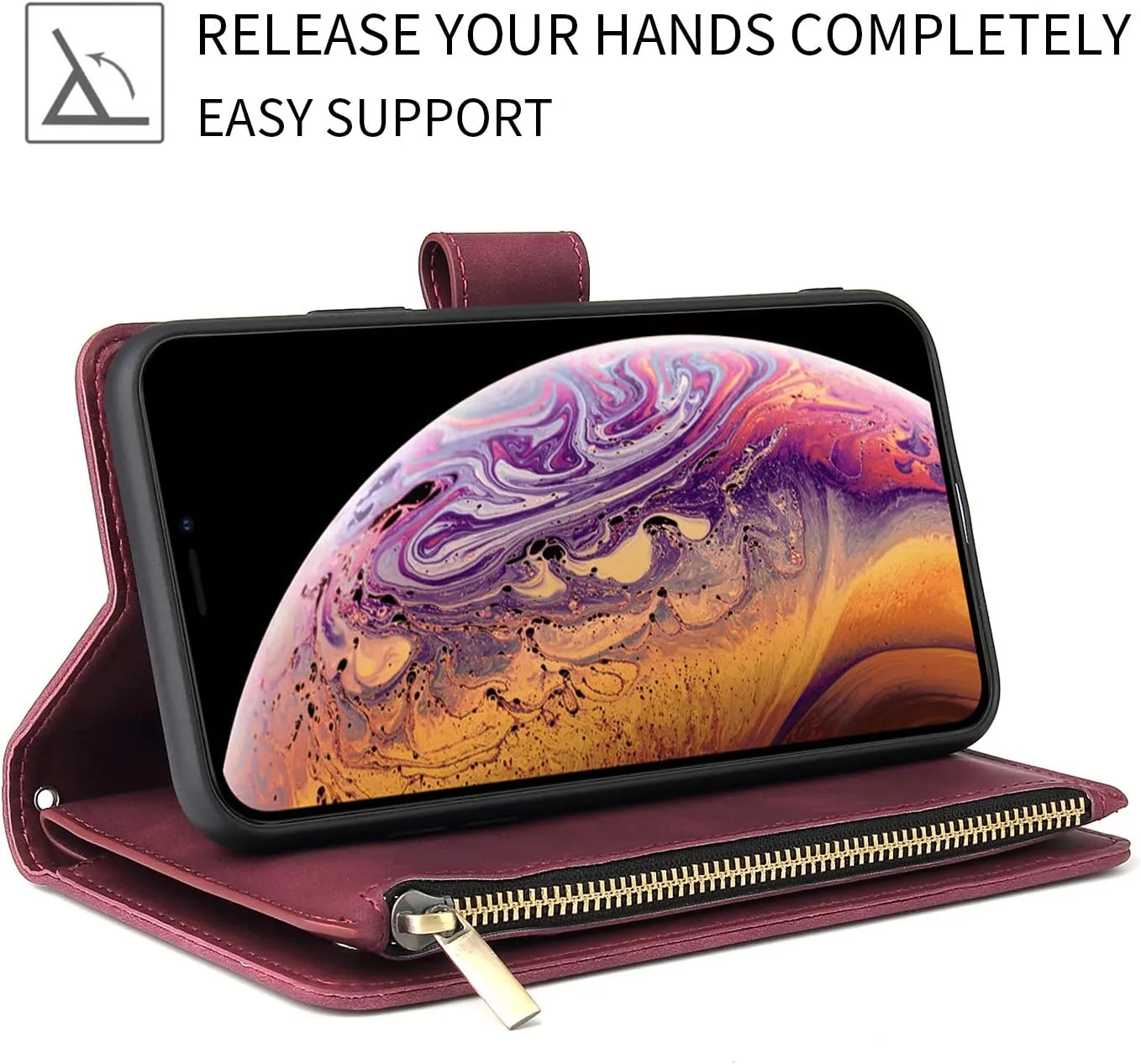 UEEBAI Wallet Case for Samsung Galaxy S9, PU Leather Wallet Magnetic Closure Handbag Zipper Pocket Cover Kickstand Card Slots with Hand Strap Marple Flip Case for Women - Wine Red