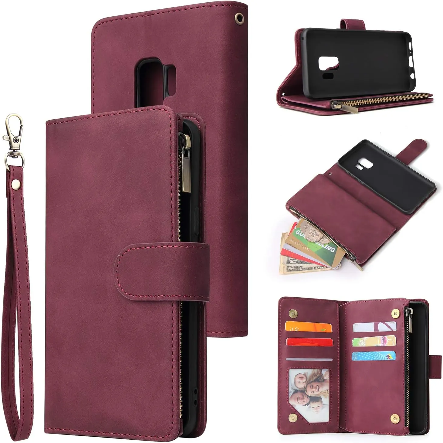 UEEBAI Wallet Case for Samsung Galaxy S9, PU Leather Wallet Magnetic Closure Handbag Zipper Pocket Cover Kickstand Card Slots with Hand Strap Marple Flip Case for Women - Wine Red