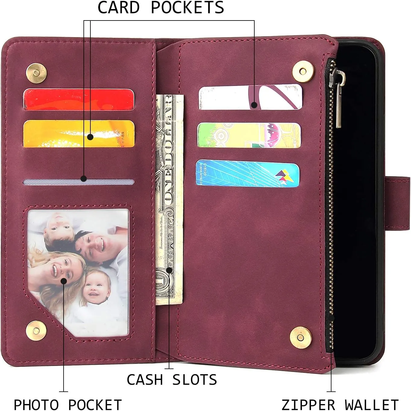 UEEBAI Wallet Case for Samsung Galaxy S9, PU Leather Wallet Magnetic Closure Handbag Zipper Pocket Cover Kickstand Card Slots with Hand Strap Marple Flip Case for Women - Wine Red