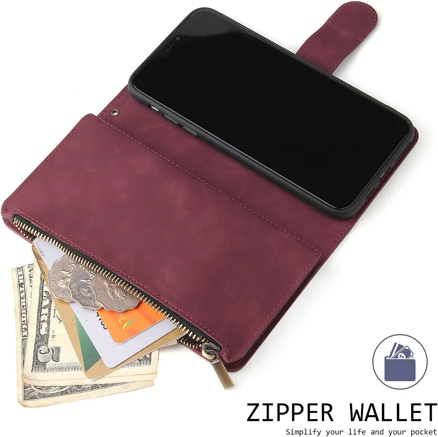 UEEBAI Wallet Case for Samsung Galaxy S9, PU Leather Wallet Magnetic Closure Handbag Zipper Pocket Cover Kickstand Card Slots with Hand Strap Marple Flip Case for Women - Wine Red