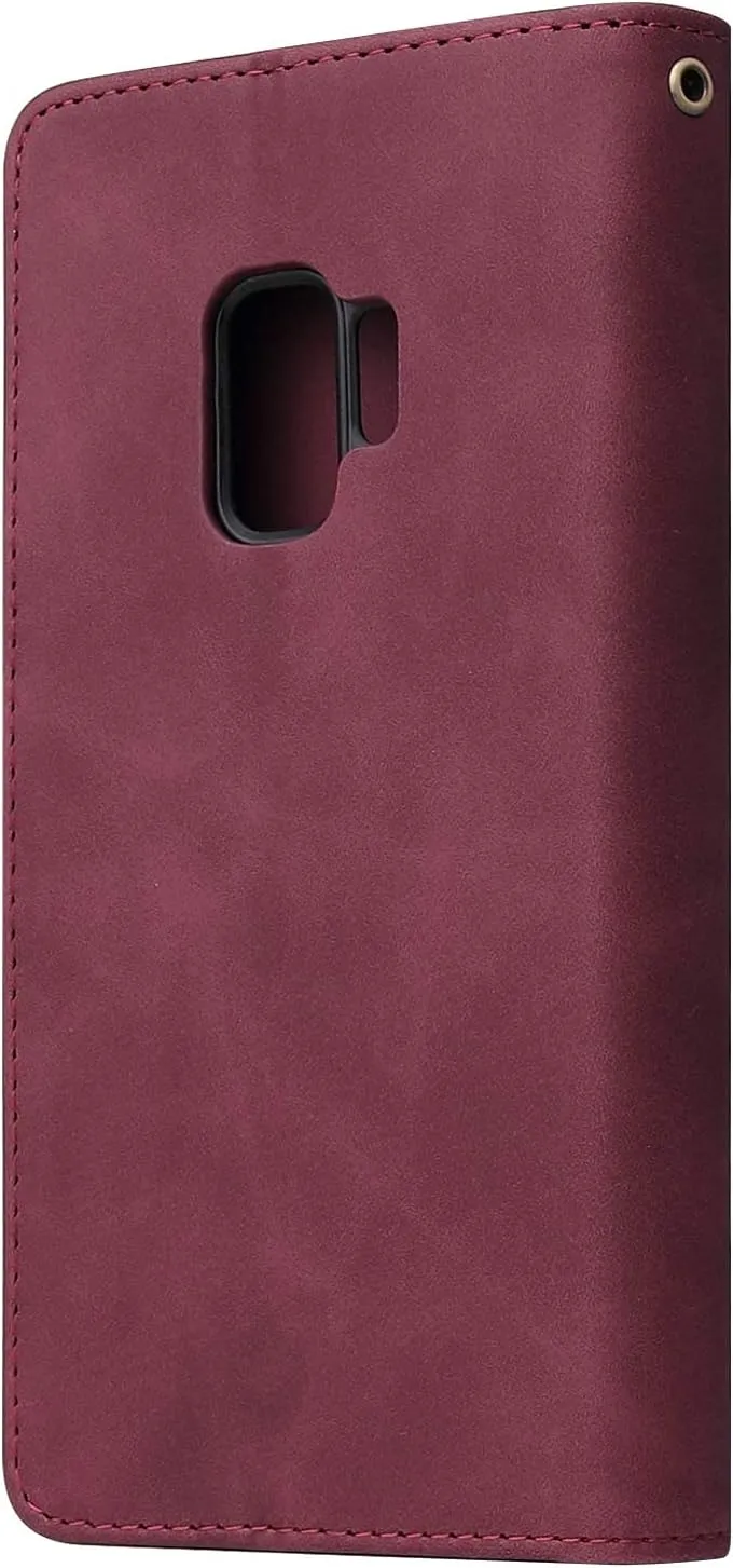 UEEBAI Wallet Case for Samsung Galaxy S9, PU Leather Wallet Magnetic Closure Handbag Zipper Pocket Cover Kickstand Card Slots with Hand Strap Marple Flip Case for Women - Wine Red