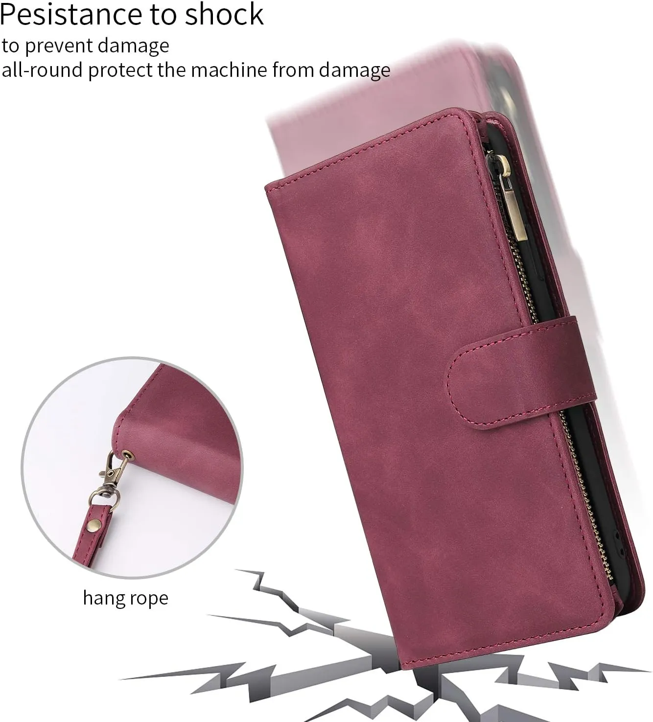 UEEBAI Wallet Case for Samsung Galaxy S9, PU Leather Wallet Magnetic Closure Handbag Zipper Pocket Cover Kickstand Card Slots with Hand Strap Marple Flip Case for Women - Wine Red
