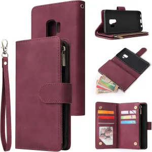 UEEBAI Wallet Case for Samsung Galaxy S9, PU Leather Wallet Magnetic Closure Handbag Zipper Pocket Cover Kickstand Card Slots with Hand Strap Marple Flip Case for Women - Wine Red