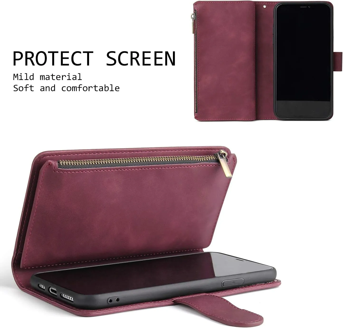 UEEBAI Wallet Case for Samsung Galaxy S9, PU Leather Wallet Magnetic Closure Handbag Zipper Pocket Cover Kickstand Card Slots with Hand Strap Marple Flip Case for Women - Wine Red